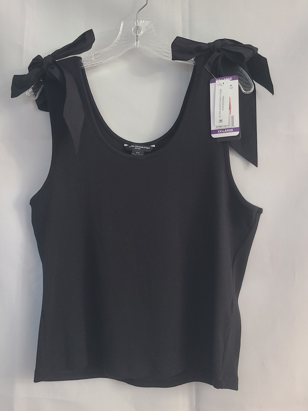 French Connection Sz XXL Black Fitted Ribbed Stretchy Shoulder Bow Tie Tank Top